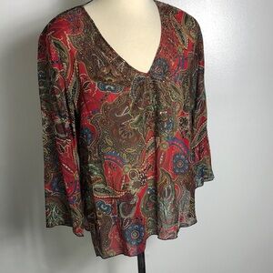 100% Silk Beaded Red Artsy Paisley Top Chicos SzXL